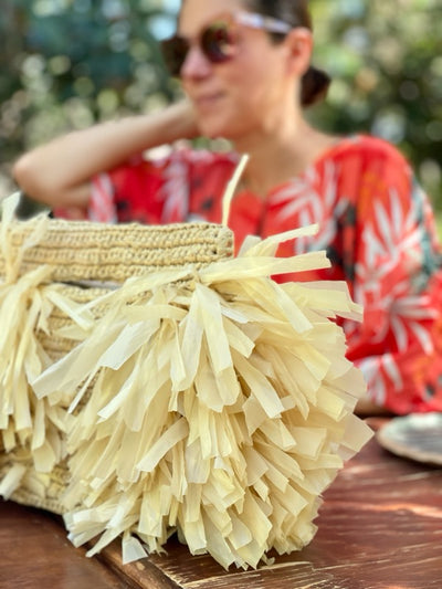 Handmade Sand Color Clutch Bag with Fringe XS